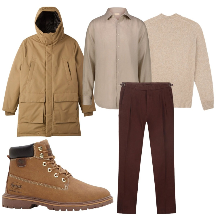 Outfit uomo - Total look #2320143. Stile Casual per Tutti i giorni. Abbinamento con stivali e stivaletti, parka, camicie, maglieria, pantaloni.