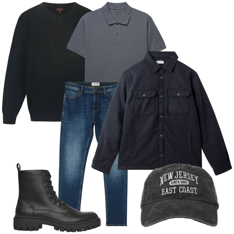 Outfit uomo - Urban in New Jersey. Stile Urban per Tutti i giorni. Abbinamento con jeans skinny, anfibi, cappelli con visiera, polo, cappotti, maglieria.