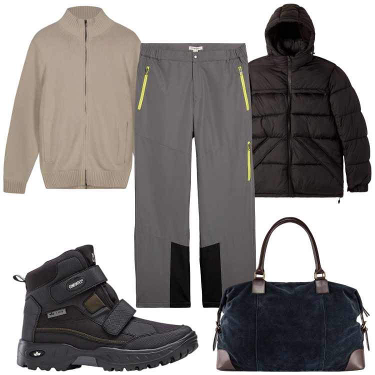 Outfit uomo - Total look #2320173. Stile Trendy per Sport. Abbinamento con stivali e stivaletti, pantaloni, bomber, borse sportive, cardigans.