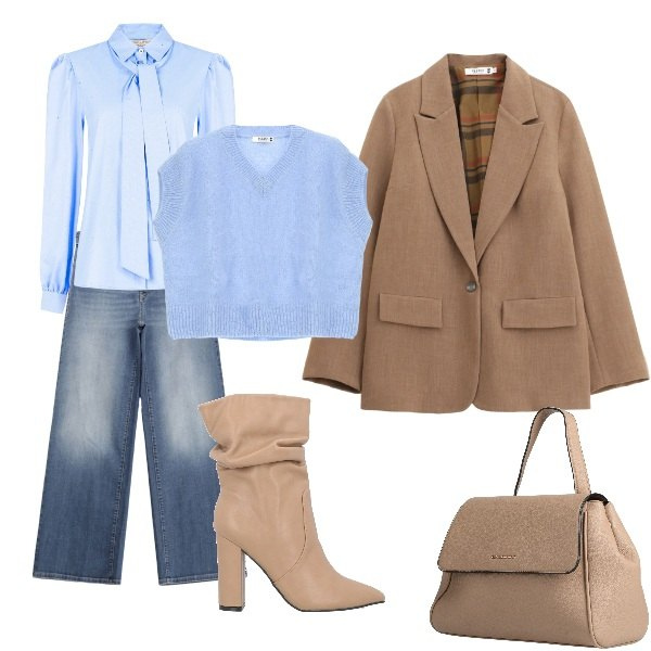 Outfit donna - camicia col fiocco. Stile Casual chic per Serata fuori. Abbinamento con zaini, stivaletti, camicie, jeans, maglieria, blazer.