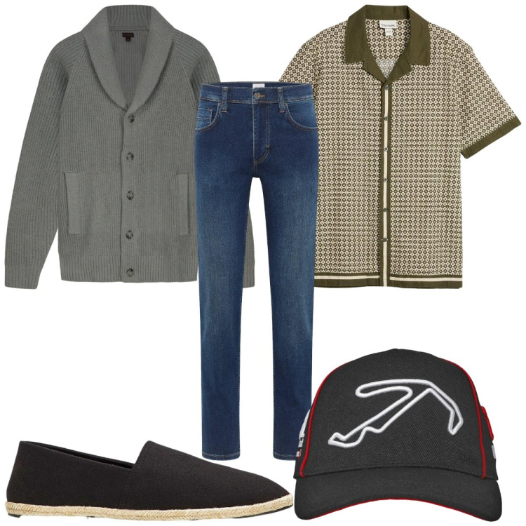 Outfit uomo - Total look #2320178. Stile Trendy per Tutti i giorni. Abbinamento con espadrillas, camicie a manica corta, jeans dritti, cappelli, cardigans.
