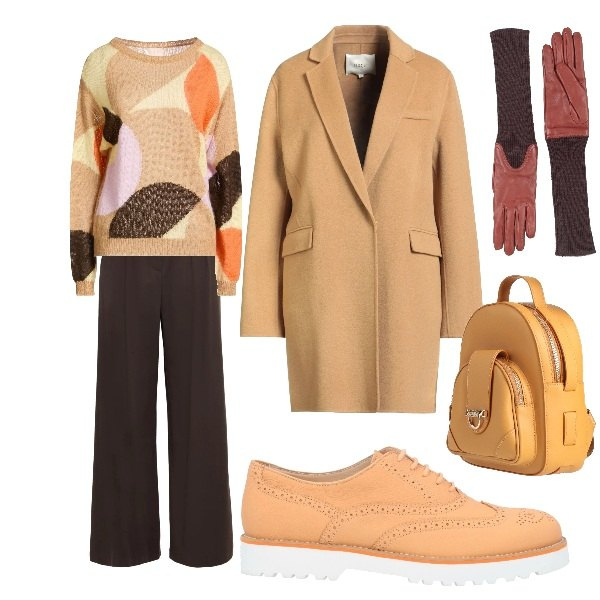 Outfit donna - in ufficio. Stile Casual chic per Ufficio. Abbinamento con pullovers, scarpe stringate, pantaloni, zaini, guanti, cappotti.