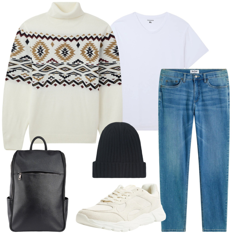 Outfit uomo - Comfort in movimento. Stile Casual per Tutti i giorni. Abbinamento con jeans, sneakers, maglieria, t-shirt, borse sportive, berretti.