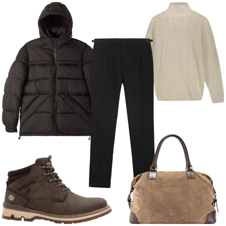 Outfit uomo - Total look #2320192. Stile Casual per Tutti i giorni. Abbinamento con stivali e stivaletti, bomber, borse sportive, maglieria, pantaloni.