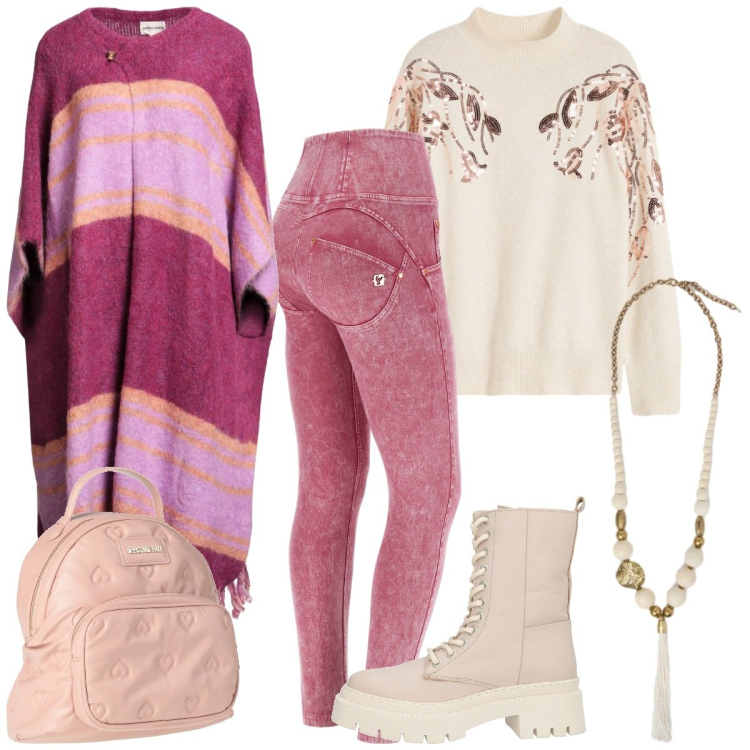 Outfit donna - Gennaio rosa. Stile Casual chic per Tutti i giorni. Abbinamento con maglieria, cappe, zaini, stivaletti, jeans skinny, ciondoli.