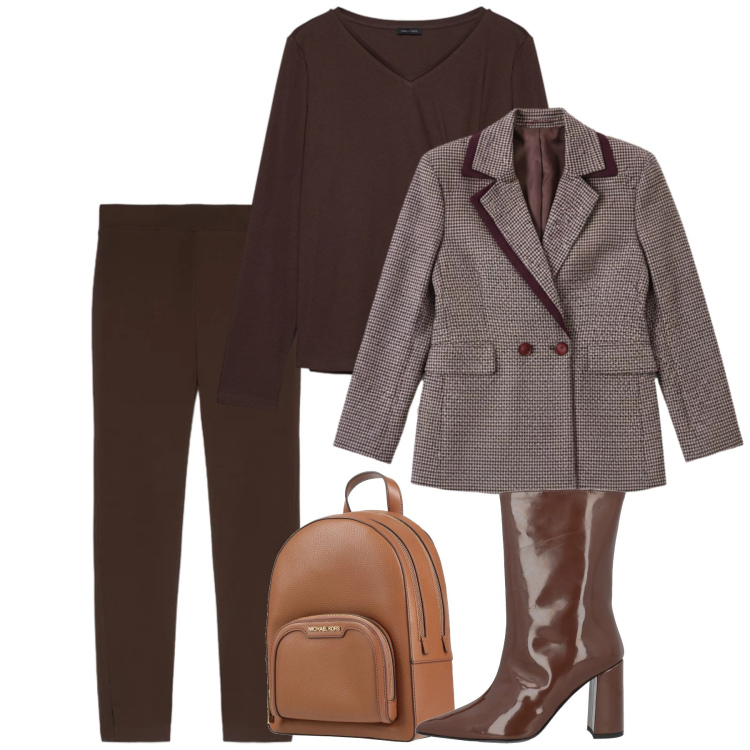 Outfit donna - Il fascino del total look. Stile Bon Ton per Ufficio. Abbinamento con zaini, stivaletti, blazer, leggings, t-shirt.