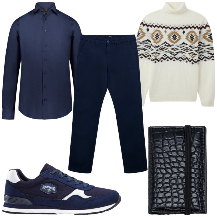 Outfit uomo - Maglia protagonista : maglione bianco. Stile Casual per Tutti i giorni. Abbinamento con sneakers, maglieria, pantaloni chino, camicie, portafogli.