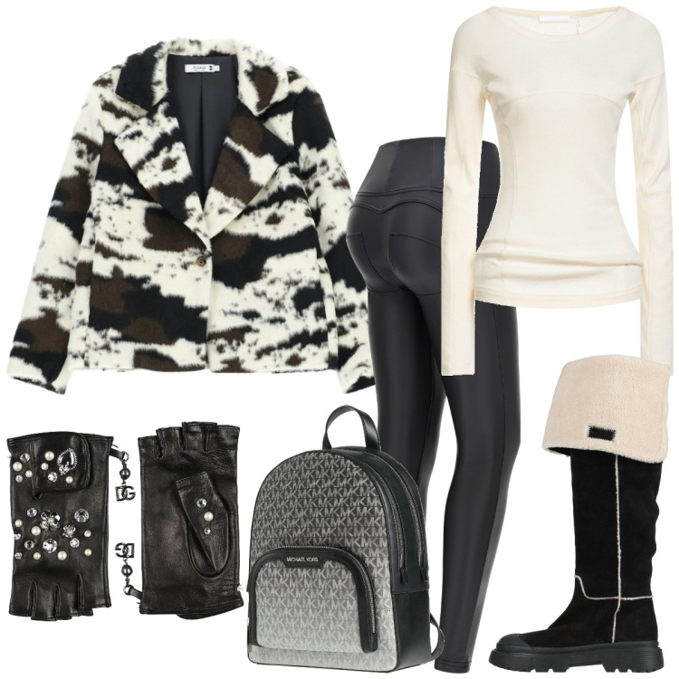 Outfit donna - Minimal con classe. Stile Casual chic per Tutti i giorni. Abbinamento con guanti, stivali da neve, t-shirt, zaini, blazer, pantaloni skinny.
