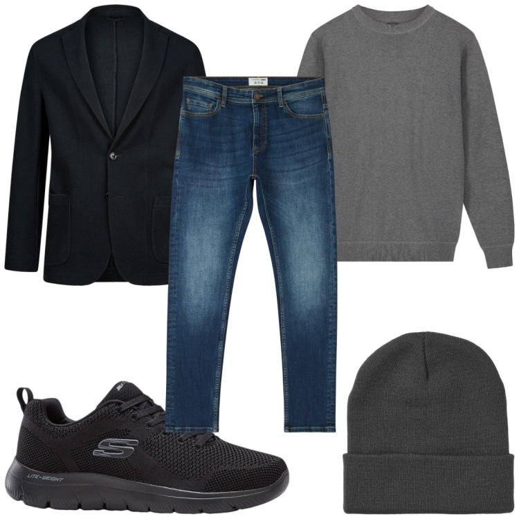 Outfit uomo - Eleganza rilassata: in jeans. Stile Casual per Tutti i giorni. Abbinamento con sneakers, jeans skinny, berretti, giacche, maglieria.