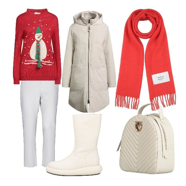 Outfit donna - pupazzo di neve. Stile Casual chic per Tutti i giorni. Abbinamento con parka, zaini, pullovers, stivali, pantaloni skinny, sciarpe.