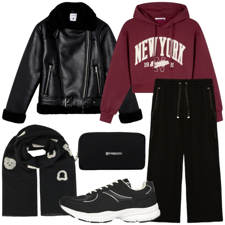 Outfit donna - Minimal. Stile Sporty chic per Tutti i giorni. Abbinamento con felpe con cappuccio, giacche, sneakers, sciarpe, valigie, pantaloni.