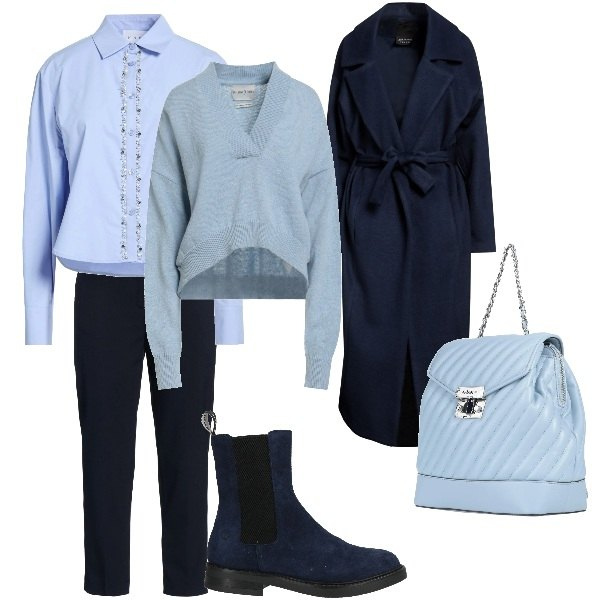 Outfit donna - in blue. Stile Casual chic per Ufficio. Abbinamento con camicie, cappotti, zaini, stivaletti chelsea, pantaloni, pullovers.