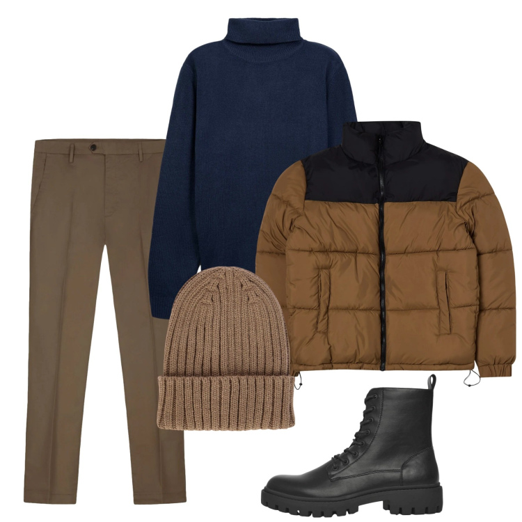 Outfit uomo - Outfit da città fredda. Stile Casual per Tutti i giorni. Abbinamento con bomber, anfibi, maglieria, berretti, pantaloni.