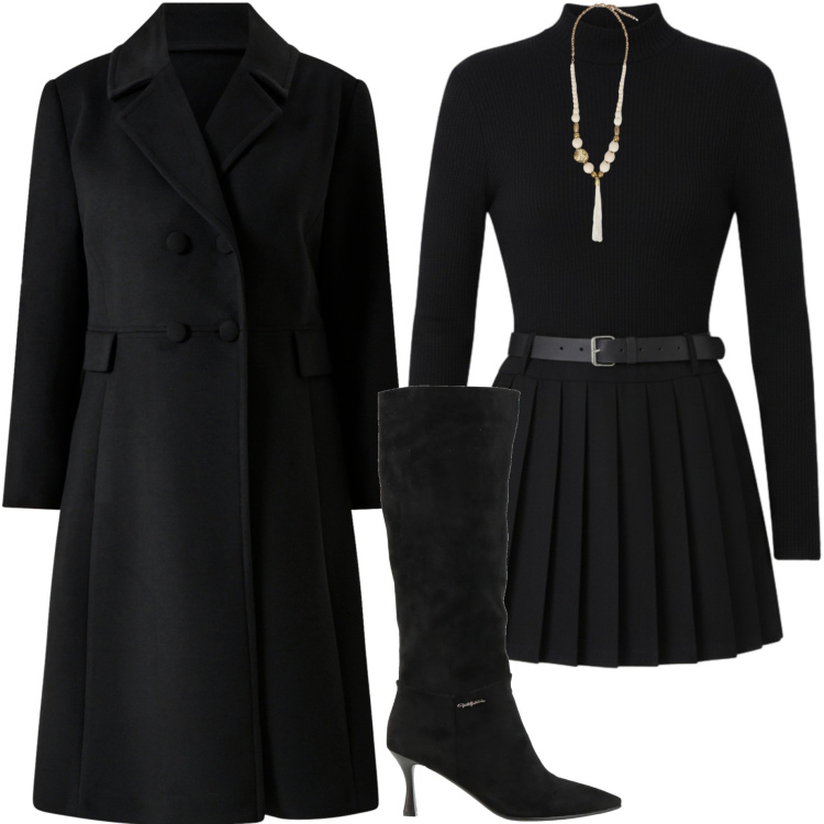 Outfit donna - Total look. Stile Chic per Serata fuori. Abbinamento con stivali, vestiti corti, cappotti, ciondoli.