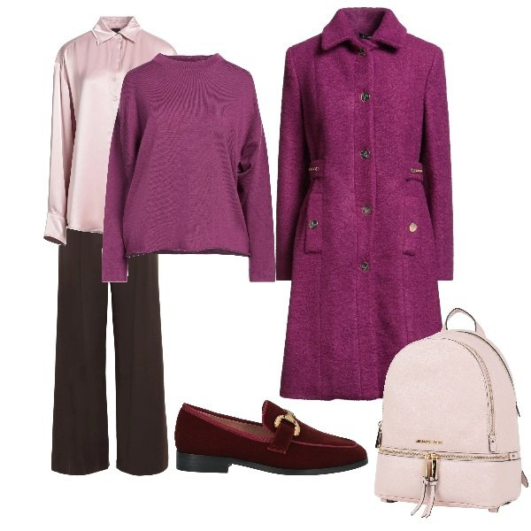 Outfit donna - melanzana. Stile Casual chic per Ufficio. Abbinamento con cappotti, maglieria, mocassini, camicie, zaini, pantaloni.