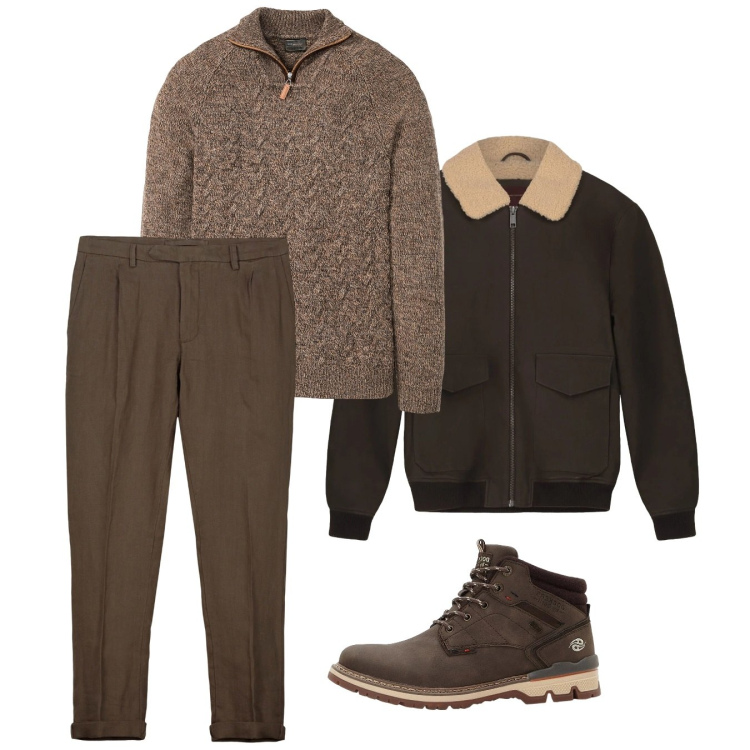 Outfit uomo - Outfit da città fredda. Stile Casual per Tutti i giorni. Abbinamento con maglieria, stivali e stivaletti, pantaloni, bomber.