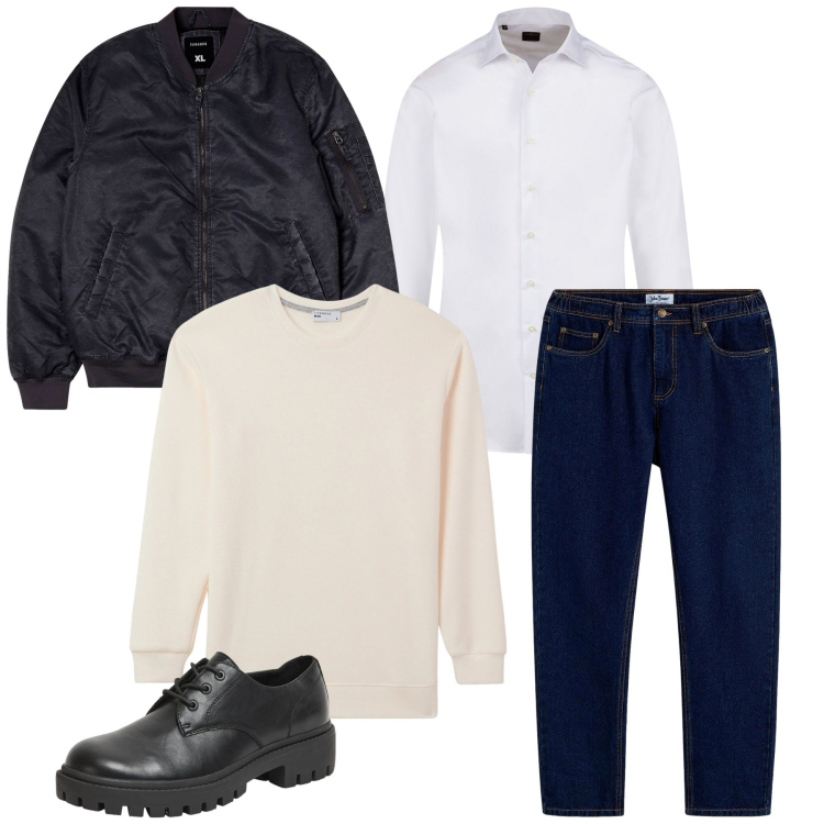 Outfit uomo - Eleganza urbana. Stile Urban per Tutti i giorni. Abbinamento con jeans dritti, scarpe stringate, bomber, maglieria, camicie.
