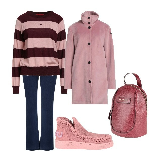 Outfit donna - in rosa. Stile Urban per Tutti i giorni. Abbinamento con cappotti, zaini, stivaletti, pullovers, jeggings.