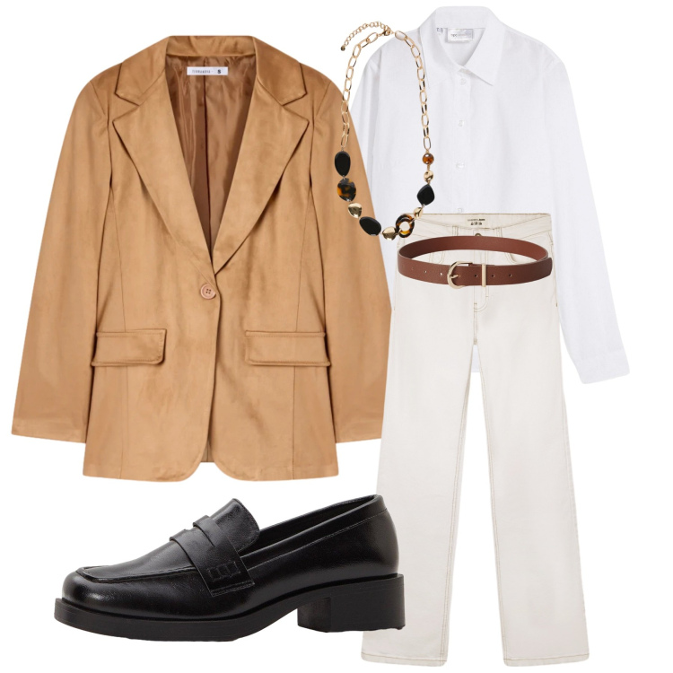 Outfit donna - Casual. Stile Casual chic per Tutti i giorni. Abbinamento con camicie, mocassini, jeans bootcut, cinture, blazer, collane.