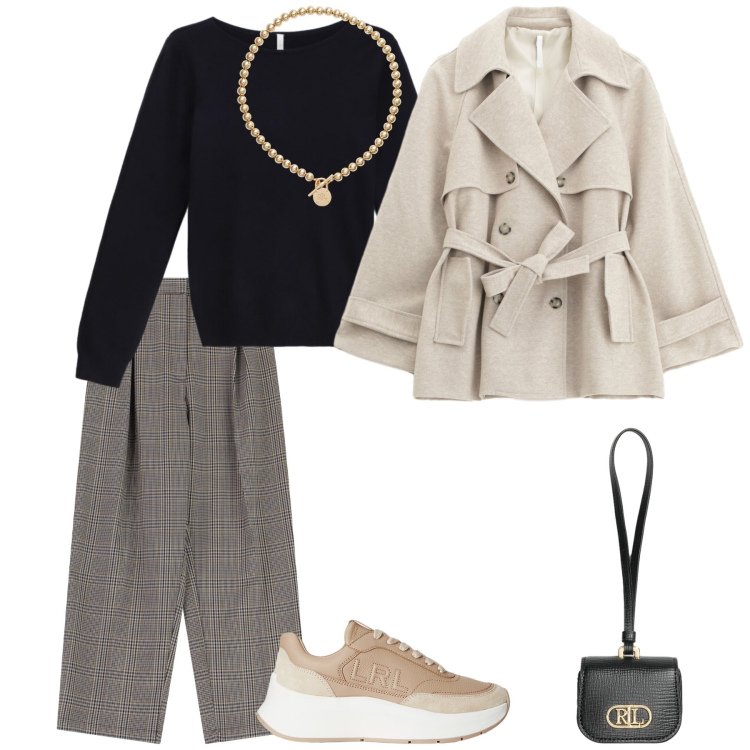 Outfit donna - Total look #2320246. Stile Casual per Tutti i giorni. Abbinamento con maglieria, trench, pantaloni, collane, pochette, sneakers.