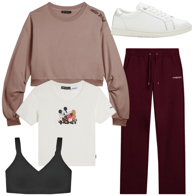 Outfit donna - Total look #2320249. Stile Sporty chic per Sport. Abbinamento con sneakers, bralette, t-shirt, pantaloni, felpe.