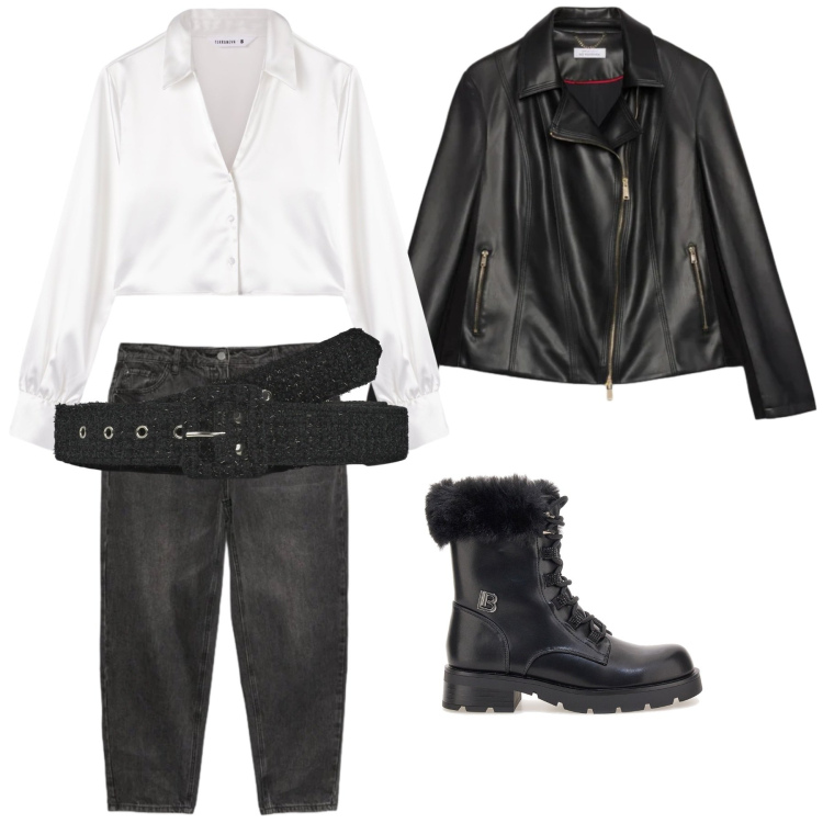 Outfit donna - Total look #2320252. Stile Urban per Serata fuori. Abbinamento con camicie, cinture, jeans mom, giacche, anfibi.