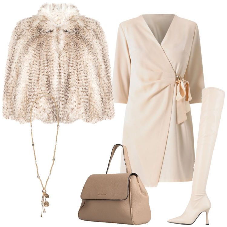 Outfit donna - Total look #2320254. Stile Chic per Tutti i giorni. Abbinamento con zaini, stivali sopra il ginocchio, vestiti corti, ecopellicce, ciondoli.