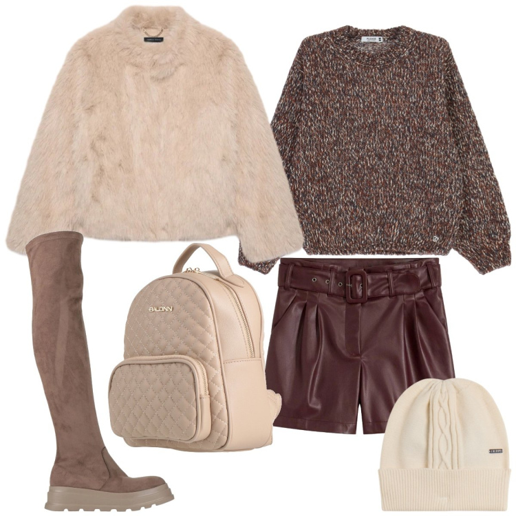 Outfit donna - Total look #2320255. Stile Casual chic per Tutti i giorni. Abbinamento con shorts, zaini, stivali sopra il ginocchio, maglieria, berretti, ecopellicce.