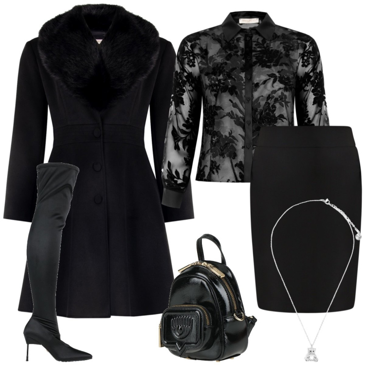 Outfit donna - Total look #2320256. Stile Chic per Serata fuori. Abbinamento con stivali, zaini, ciondoli, cappotti, gonne, camicie.