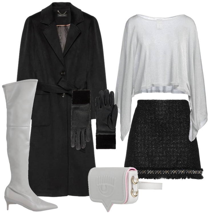 Outfit donna - Total look #2320257. Stile Chic per Serata fuori. Abbinamento con minigonne, guanti, pullovers, marsupi, stivali sopra il ginocchio, cappotti.