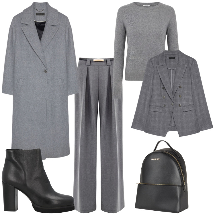 Outfit donna - Minimal in grigio per l ufficio. Stile Minimal per Ufficio. Abbinamento con zaini, stivaletti, pantaloni a palazzo, maglieria, blazer, cappotti.