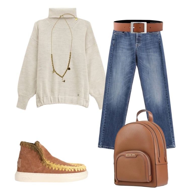 Outfit donna - Urban cozy. Stile Urban per Tutti i giorni. Abbinamento con cinture, stivaletti, zaini, maglieria, jeans, ciondoli.