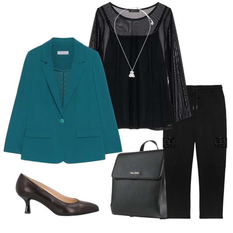 Outfit donna - Eleganza dinamica. Stile Casual chic per Tutti i giorni. Abbinamento con décolleté, zaini, ciondoli, bluse, blazer, pantaloni cargo.