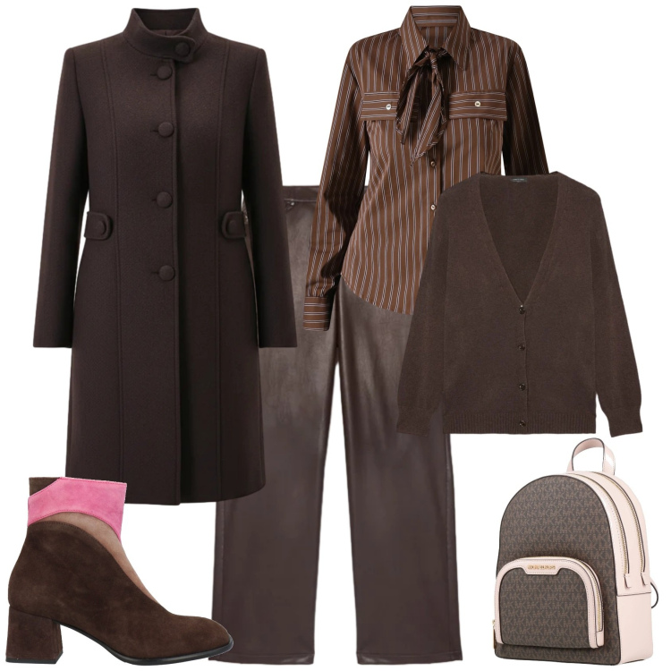 Outfit donna - Minimal cioccolato per l ufficio. Stile Minimal per Ufficio. Abbinamento con zaini, stivaletti, cappotti, camicie, pantaloni chino, cardigans.