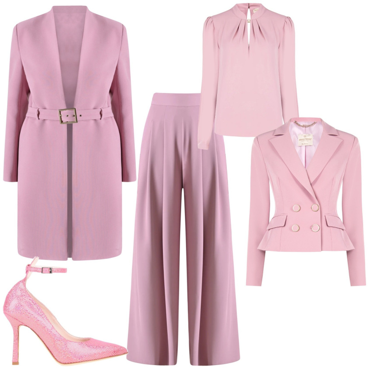 Outfit donna - Romantica cerimonia evento speciale. Stile Romantica per Cerimonia. Abbinamento con décolleté, pantaloni a palazzo, trench, bluse, blazer.