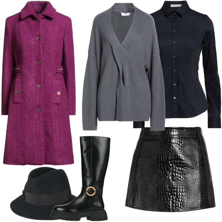 Outfit donna - Total look #2320273. Stile Urban per Serata fuori. Abbinamento con cappotti, cappelli, minigonne, pullovers, camicie, stivali.