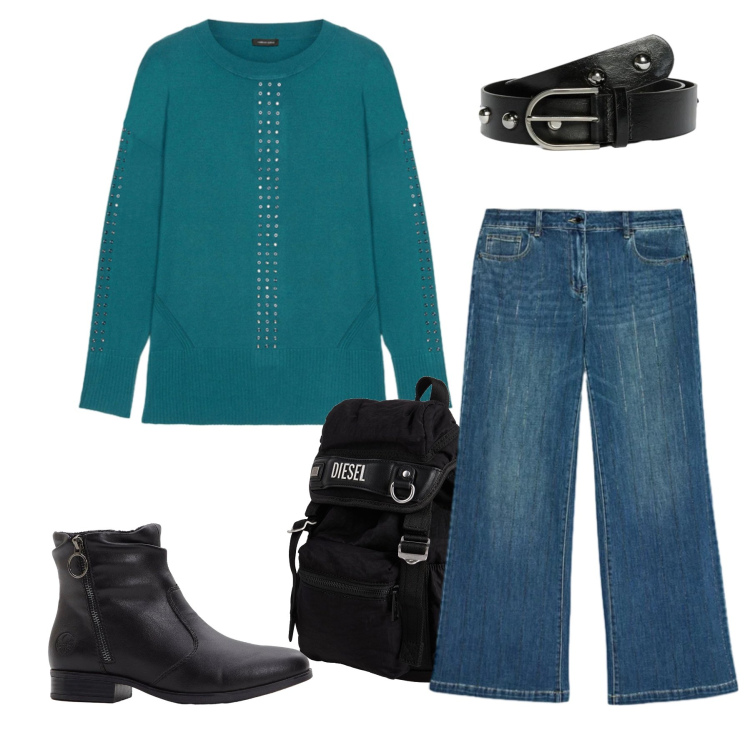 Outfit donna - Urban Rock. Stile Urban per Tutti i giorni. Abbinamento con stivaletti, zaini, maglieria, jeans dritti, cinture.