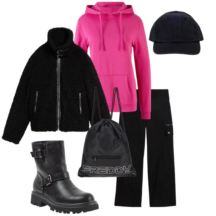 Outfit donna - Neon Energy. Stile Sporty chic per Tutti i giorni. Abbinamento con felpe con cappuccio, pantaloni cargo, ecopellicce, stivaletti, zaini, cappelli con visiera.