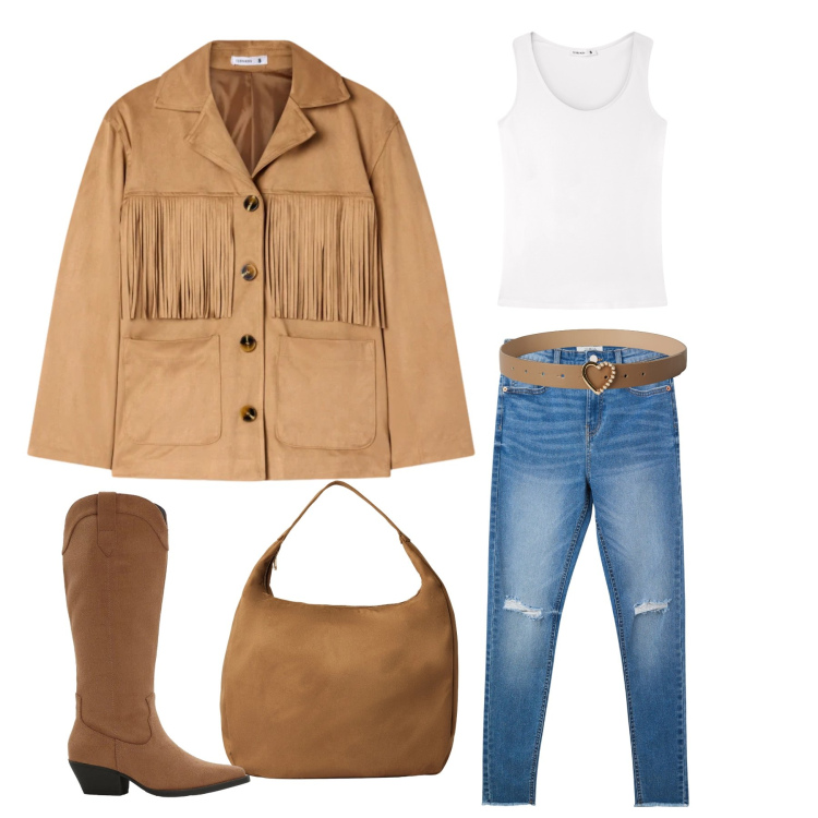 Outfit donna - Blue Denim. Stile Urban per Tutti i giorni. Abbinamento con stivali, cappotti, jeans strappati, cinture, borse a mano, top.