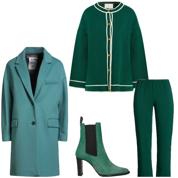 Outfit donna - Voglia di verde. Stile Chic per Serata fuori. Abbinamento con stivaletti chelsea, cappotti, cardigans, pantaloni.