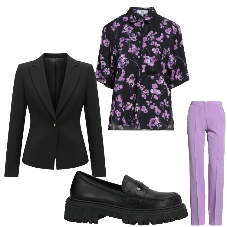 Outfit donna - Fiori di lilla´. Stile Casual chic per Ufficio. Abbinamento con mocassini, pantaloni, camicie a manica corta, blazer.
