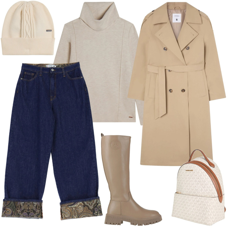 Outfit donna - Febbraio. Stile Casual per Tutti i giorni. Abbinamento con stivali, zaini, trench, jeans, berretti, felpe.