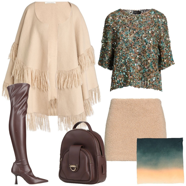 Outfit donna - Total look #2320298. Stile Casual chic per Tutti i giorni. Abbinamento con minigonne, pullovers, stivali sopra il ginocchio, sciarpe, cappe, zaini.