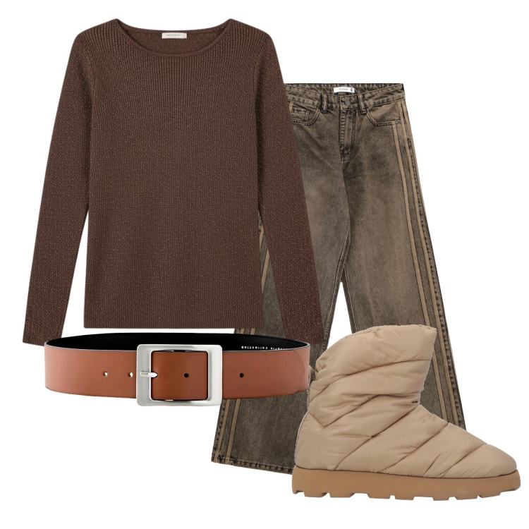 Outfit donna - Un solo colore BROWN. Stile Minimal per Ufficio. Abbinamento con cinture, stivaletti, pullovers, jeans.