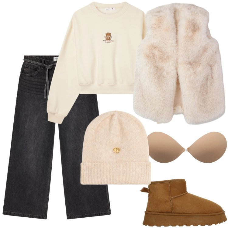 Outfit donna - Similpelliccia smanicata Bianco lana. Stile Basic per Tutti i giorni. Abbinamento con reggiseni, jeans, piumini, felpe, stivali, berretti.