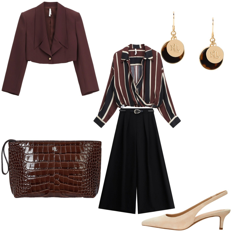 Outfit donna - Total look #2320303. Stile Casual chic per Serata fuori. Abbinamento con camicie, blazer, pantaloni a palazzo, décolleté, pochette, orecchini.