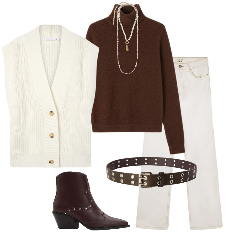 Outfit donna - Gennaio minimal. Stile Minimal per Ufficio. Abbinamento con stivaletti texani, jeans bootcut, gilet, cinture, pullovers, collane.