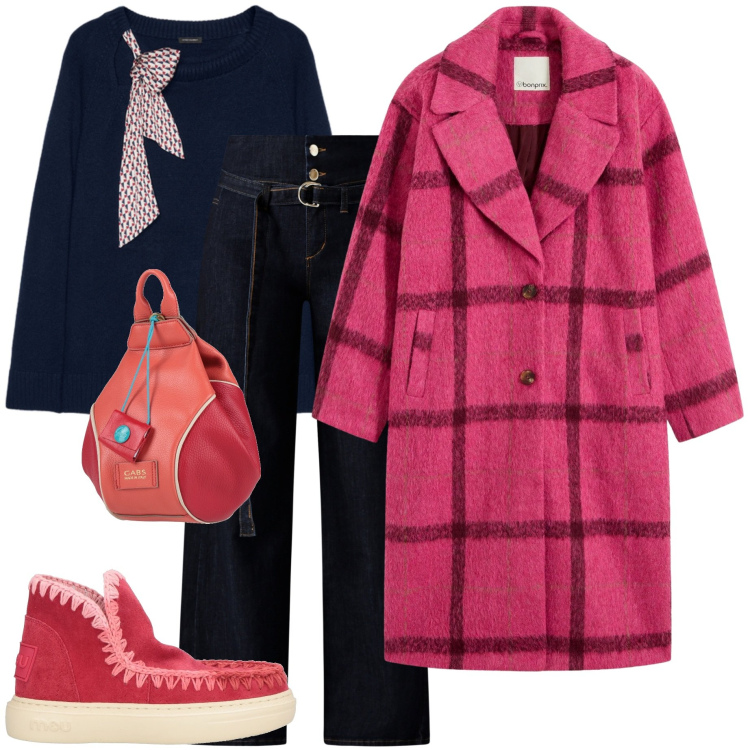 Outfit donna - Gennaio in rosa. Stile Casual chic per Tutti i giorni. Abbinamento con cappotti, zaini, stivaletti, jeans, maglieria.