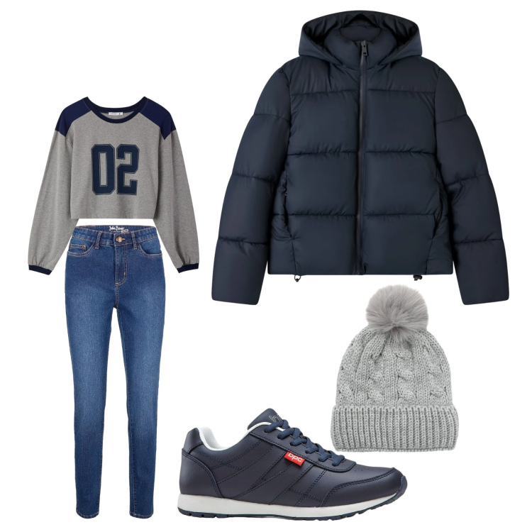 Outfit donna - Minimal in blu. Stile Urban per Scuola/Università. Abbinamento con bomber, t-shirt, berretti, sneakers, jeans skinny.