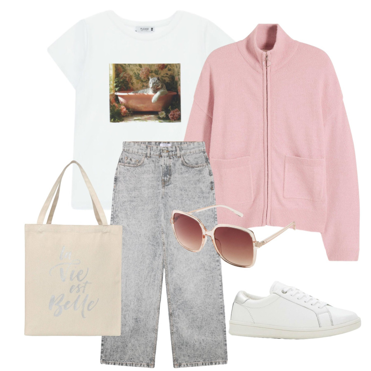 Outfit donna - Dreamy Pink. Stile Casual chic per Tutti i giorni. Abbinamento con cardigans, sneakers, occhiali da sole, jeans boyfriend, borse tote, t-shirt.